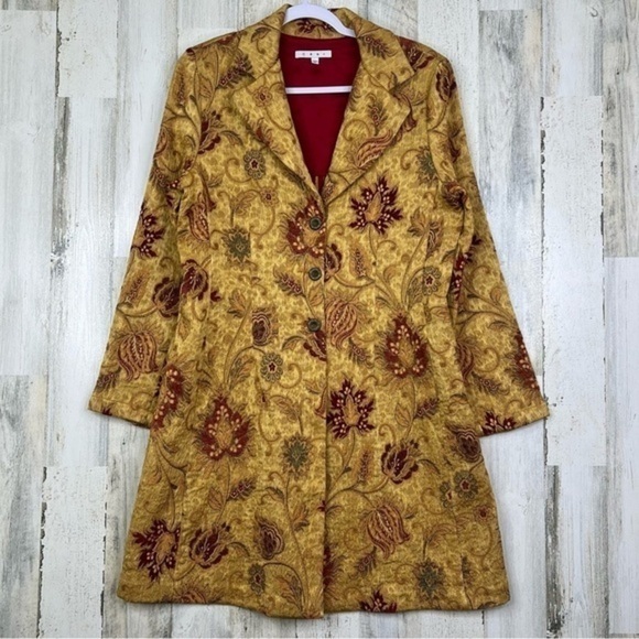 Y2K Cabi Floral Tapestry Jacket 12 Guinevere Brocade Flower Long Coat Fall Wear‎ - Picture 1 of 17